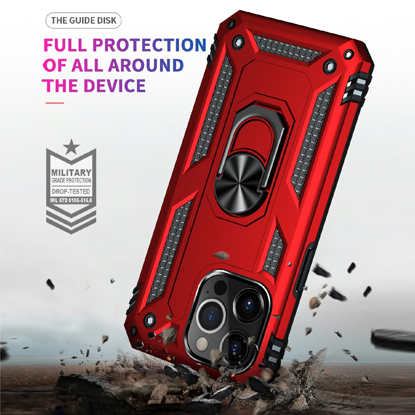 Military Grade PC TPU Shockproof Hybrid Cover for iPhone 13 Pro 6.1 inch with Rotary Ring Car Mount Kickstand
