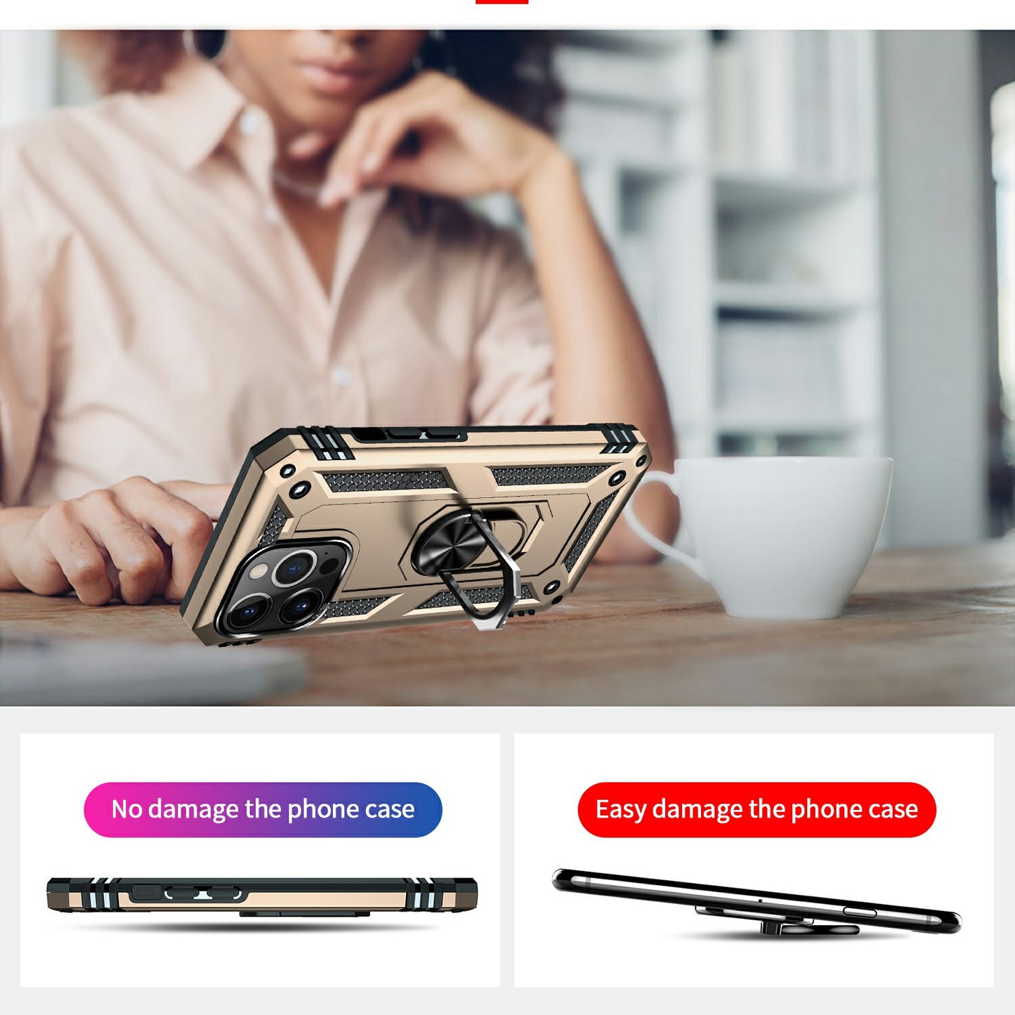 Military Grade PC TPU Shockproof Hybrid Cover for iPhone 13 Pro 6.1 inch with Rotary Ring Car Mount Kickstand