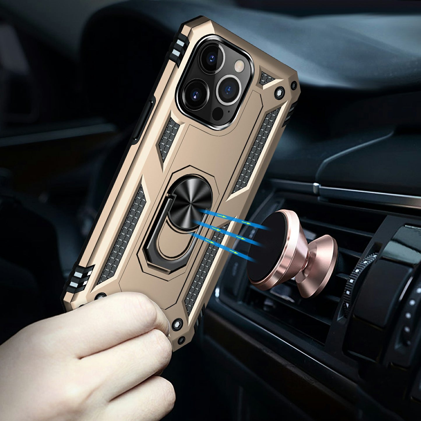 Military Grade PC TPU Shockproof Hybrid Cover for iPhone 13 Pro 6.1 inch with Rotary Ring Car Mount Kickstand