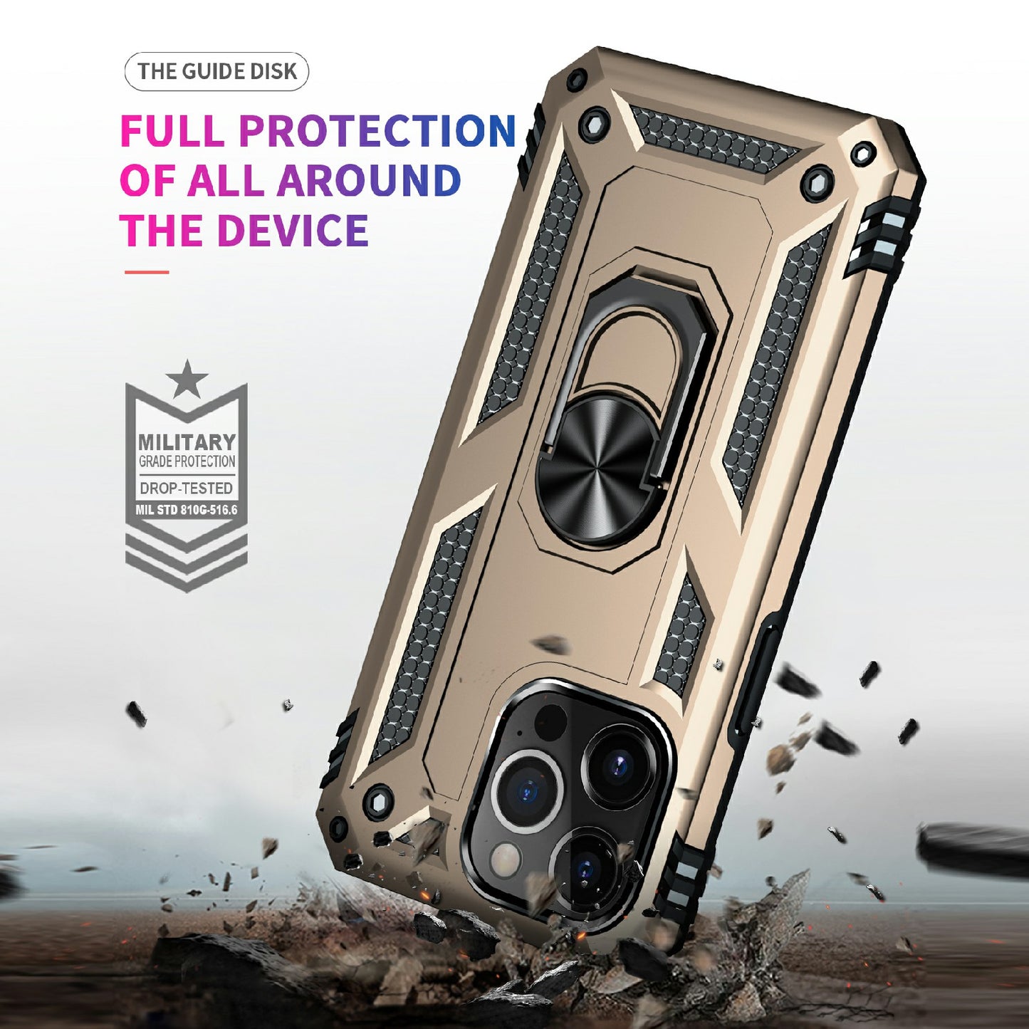 Military Grade PC TPU Shockproof Hybrid Cover for iPhone 13 Pro 6.1 inch with Rotary Ring Car Mount Kickstand