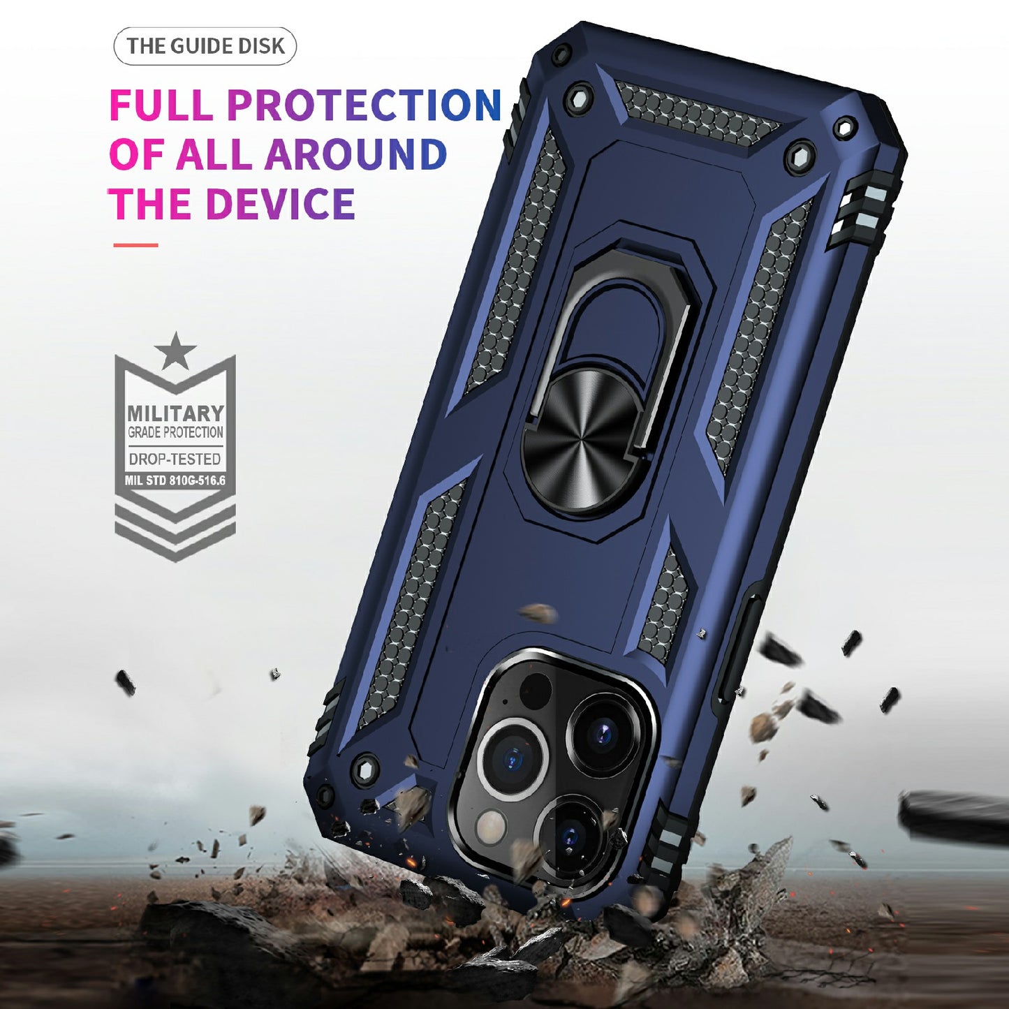 Military Grade PC TPU Shockproof Hybrid Cover for iPhone 13 Pro 6.1 inch with Rotary Ring Car Mount Kickstand