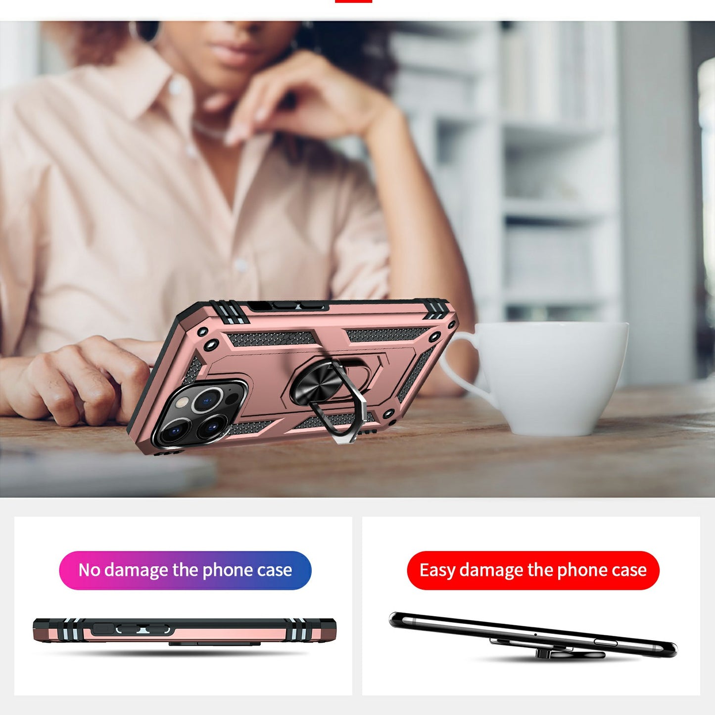 Military Grade PC TPU Shockproof Hybrid Cover for iPhone 13 Pro 6.1 inch with Rotary Ring Car Mount Kickstand