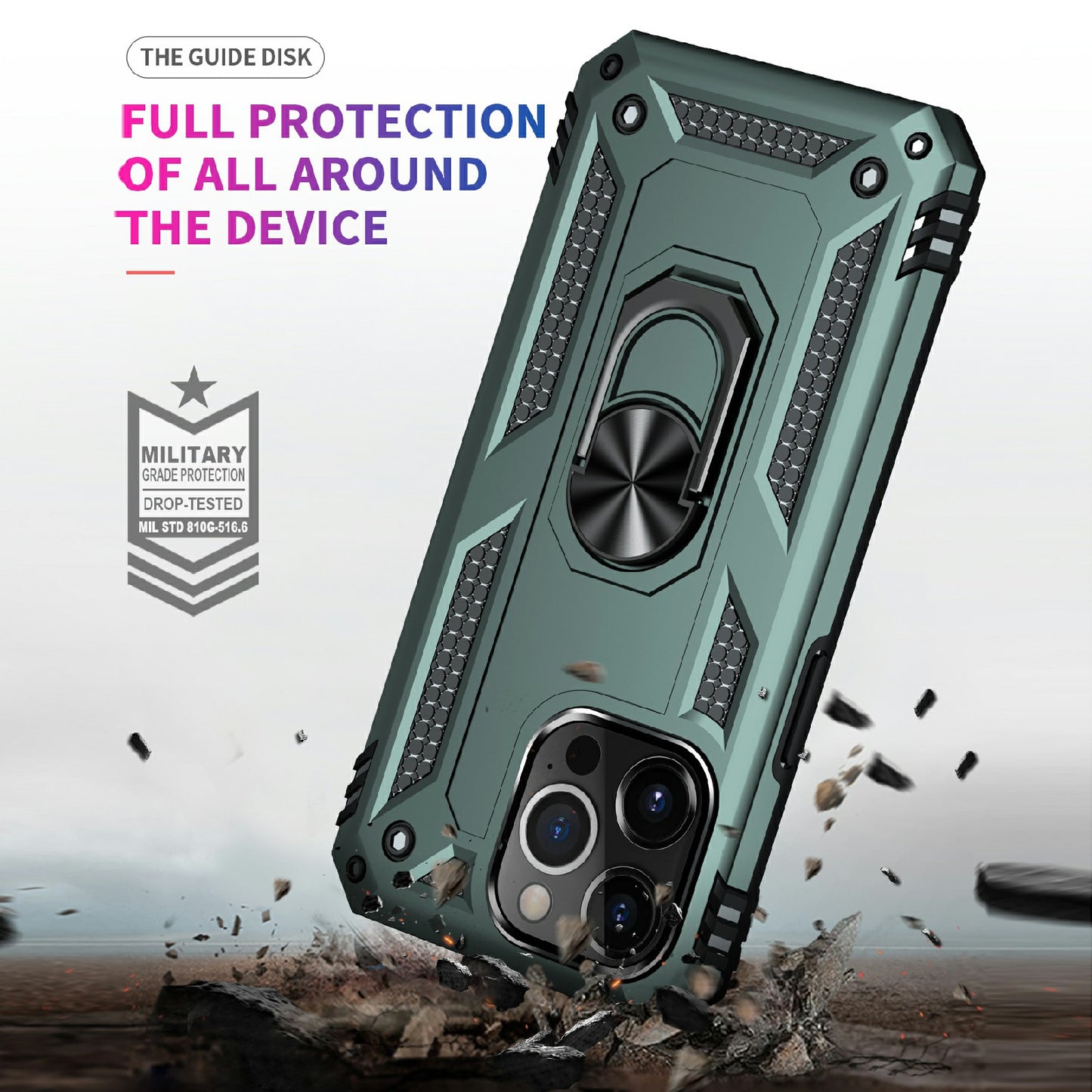 Military Grade PC TPU Shockproof Hybrid Cover for iPhone 13 Pro 6.1 inch with Rotary Ring Car Mount Kickstand
