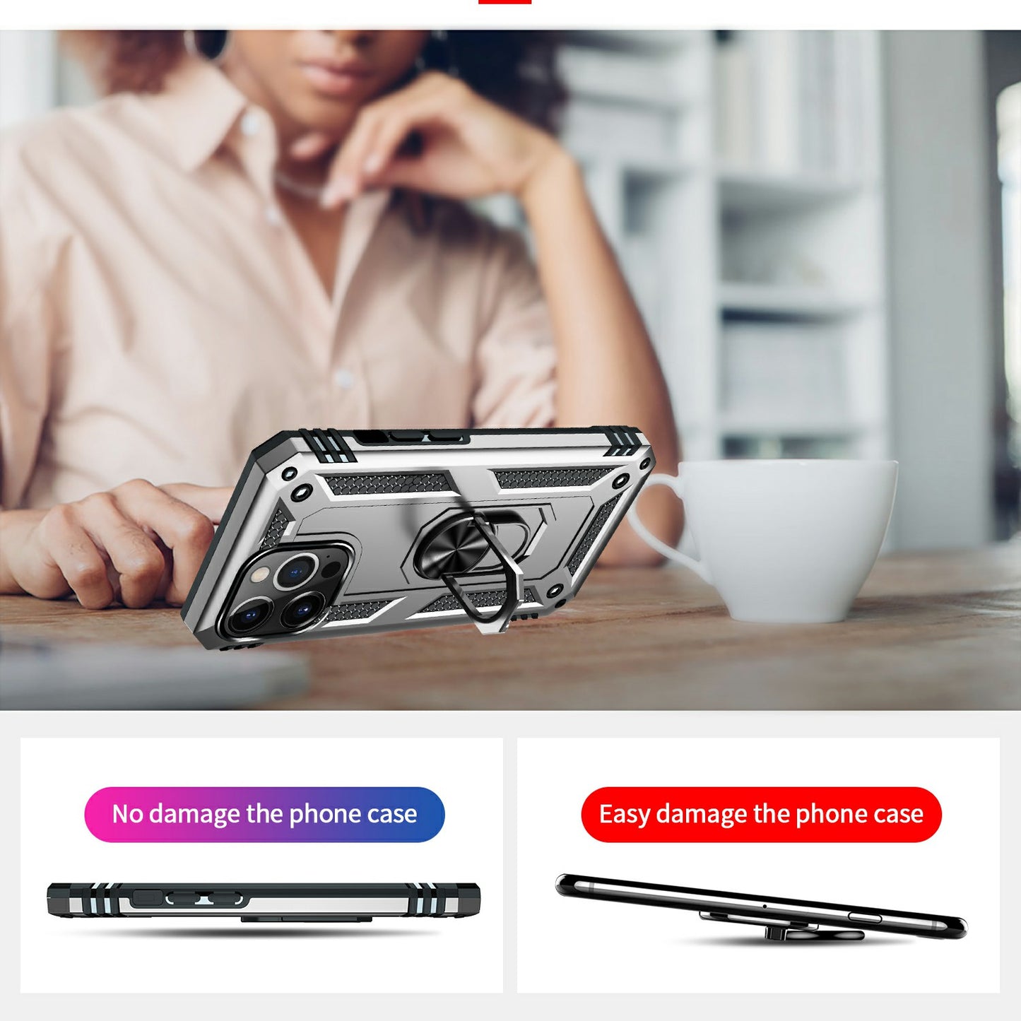 Military Grade PC TPU Shockproof Hybrid Cover for iPhone 13 Pro 6.1 inch with Rotary Ring Car Mount Kickstand