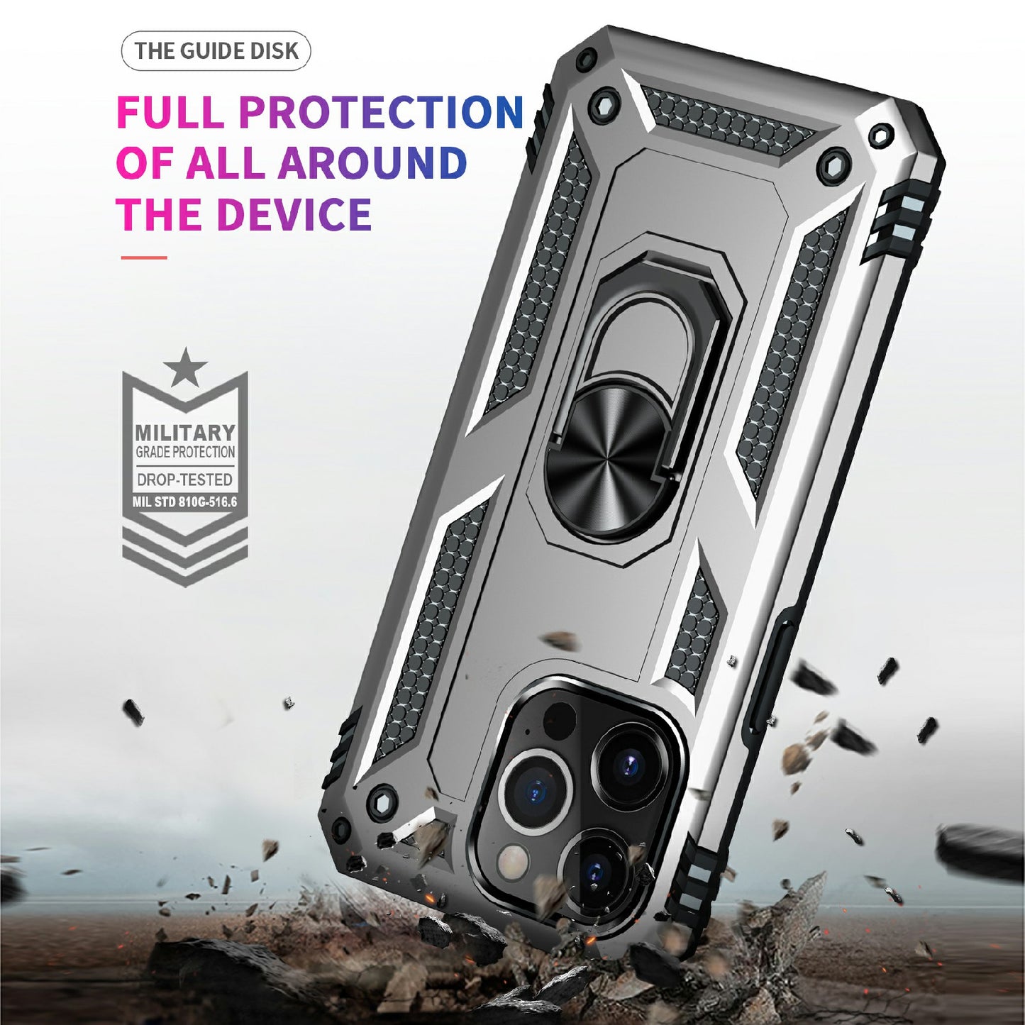 Military Grade PC TPU Shockproof Hybrid Cover for iPhone 13 Pro 6.1 inch with Rotary Ring Car Mount Kickstand