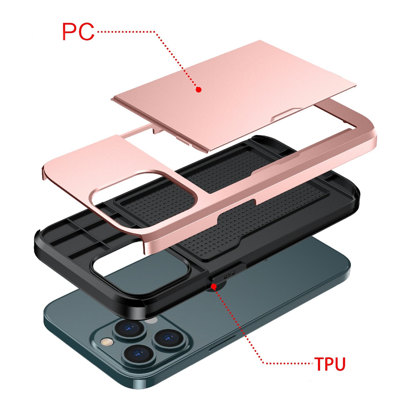 Dustproof Scratch-proof Slide Card Holder PC + TPU Hybrid Back Phone Case for iPhone 13 Pro Max 6.7 inch