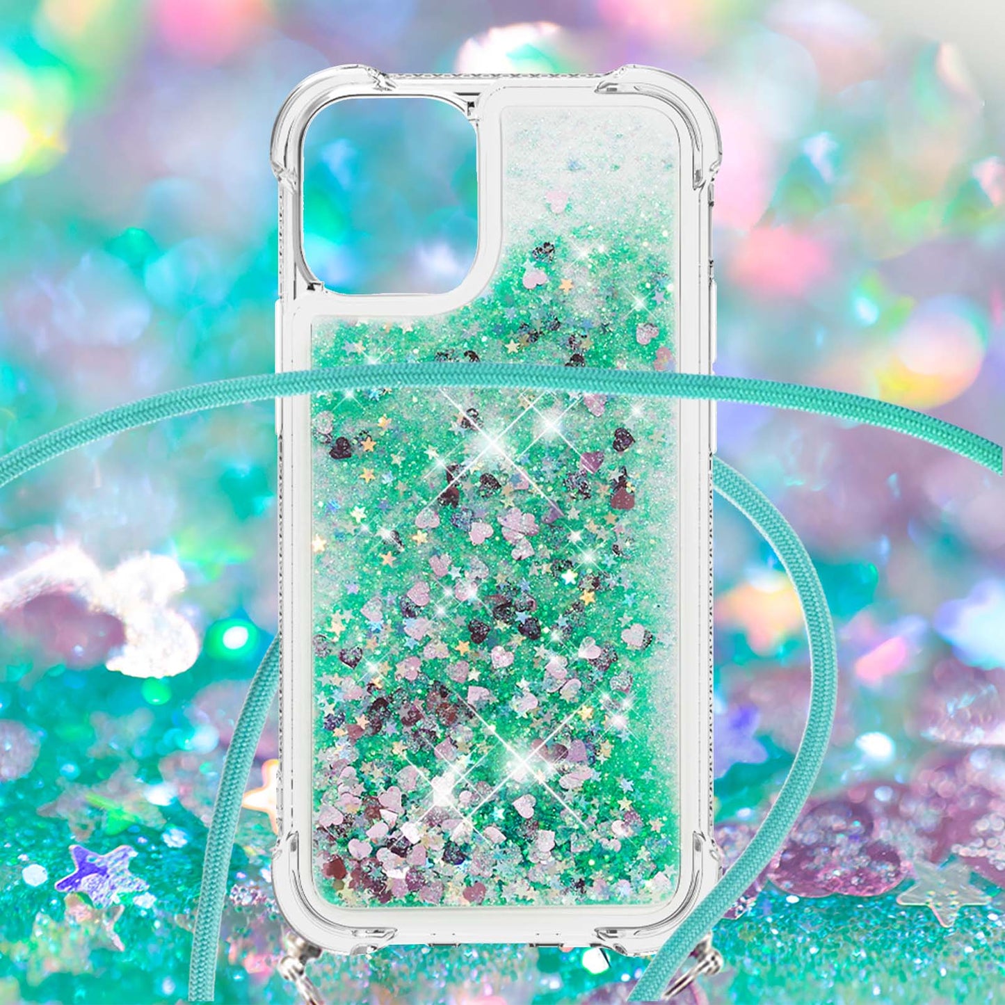 Quicksand Shiny Floating Glitter Flowing Liquid Shockproof Protective TPU Cover with Strap for iPhone 13 Pro 6.1 inch