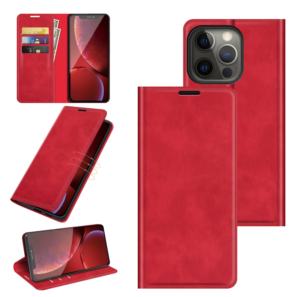 PU Leather Magnetic Auto-absorbed Wallet Stand Phone Shell Case for iPhone 13 Pro Max 6.7 inch