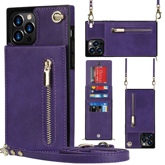Shockproof Kickstand Design PU Leather Coated TPU Hybrid Case Phone Shell with Lanyard for iPhone 12 / 12 Pro