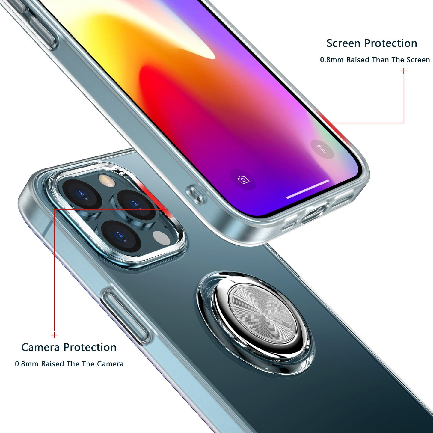 Clear Anti-Scratch Finger Kickstand Ring Holder Soft TPU Bumper Cover Work with Magnetic Car Mount for Phone 13 Pro 6.1 inch