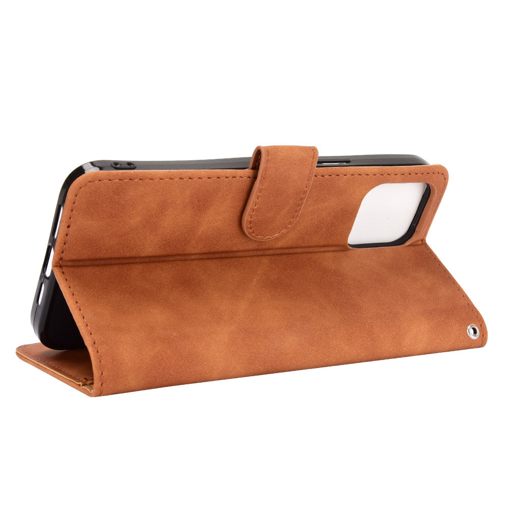 Skin-touch PU Leather Wallet Case Flip Protective Phone Cover with Strap for iPhone 13 Pro 6.1 inch