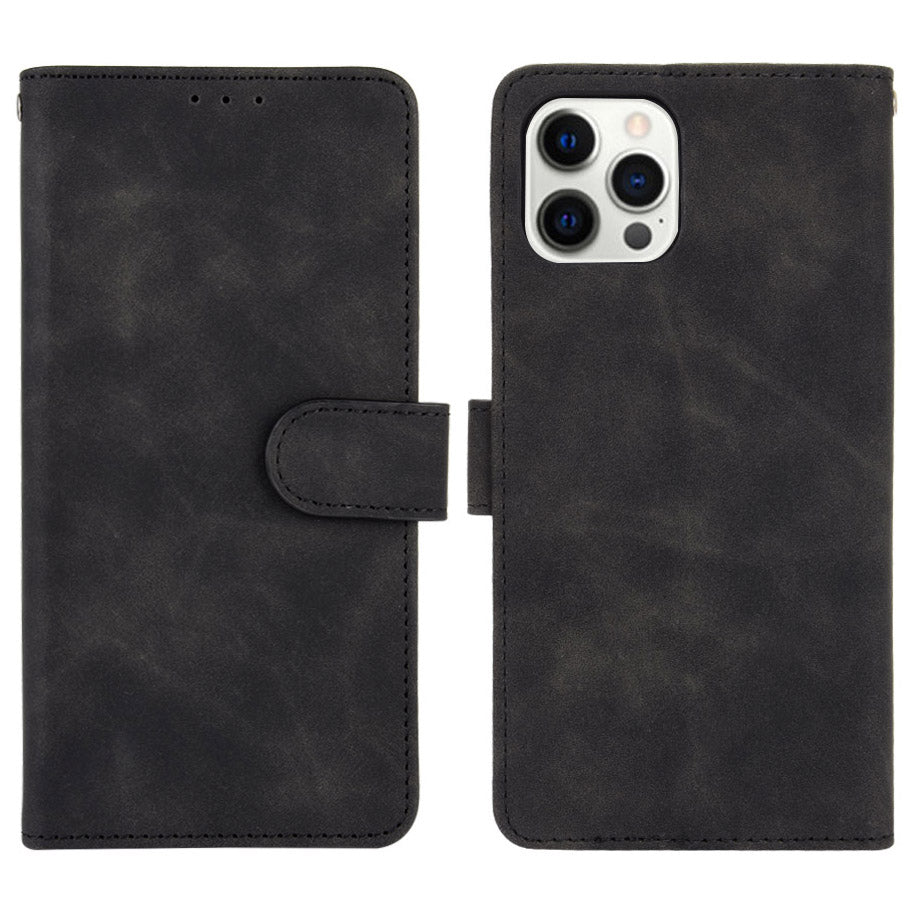Skin-touch PU Leather Wallet Case Flip Protective Phone Cover with Strap for iPhone 13 Pro 6.1 inch