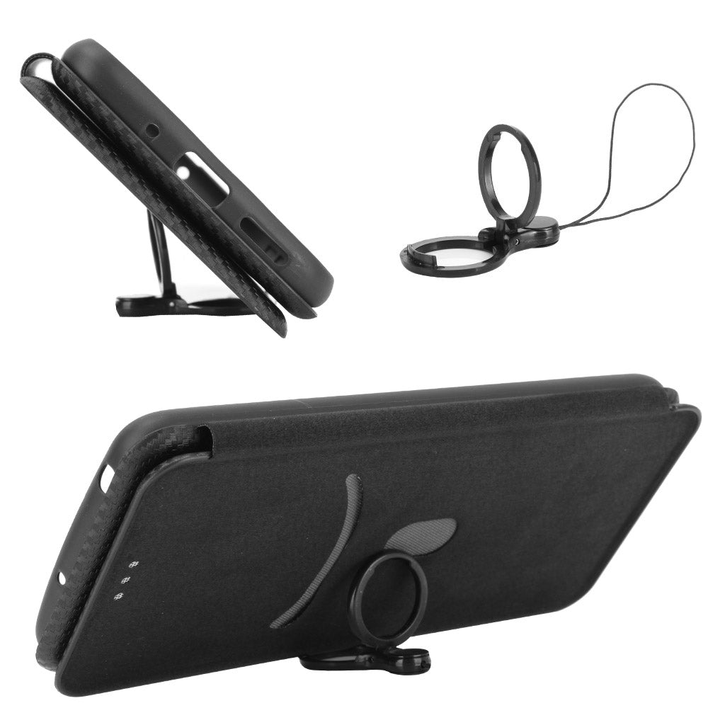 For iPhone 13 Pro 6.1 inch Scratch Resistant Phone Case Auto-absorbed Carbon Fiber Leather Protective Cover with Ring Strap