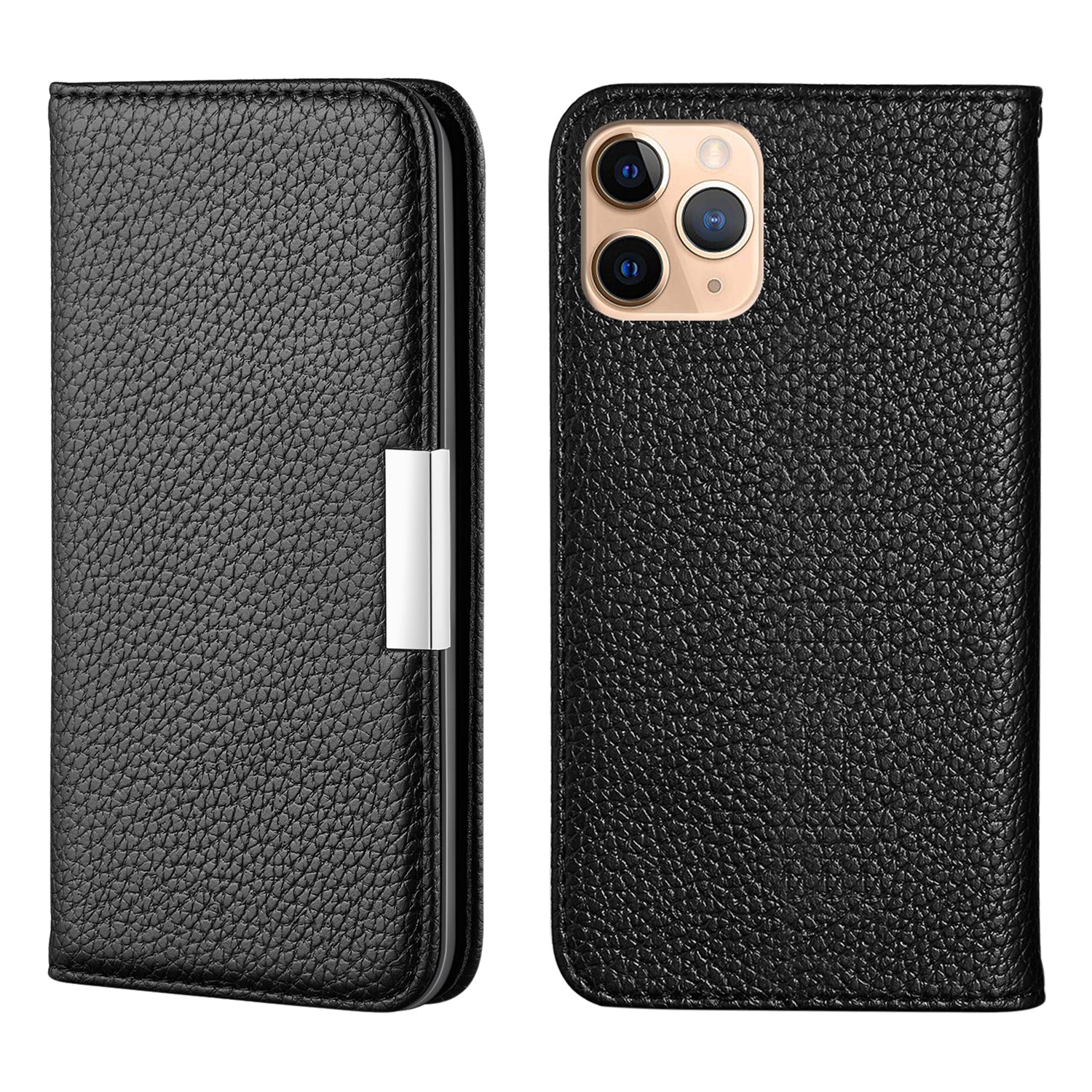 Metal Buckle Auto-absorbed Leather Case Litchi Texture Phone Shell with Card Holder for iPhone 13 Pro 6.1 inch