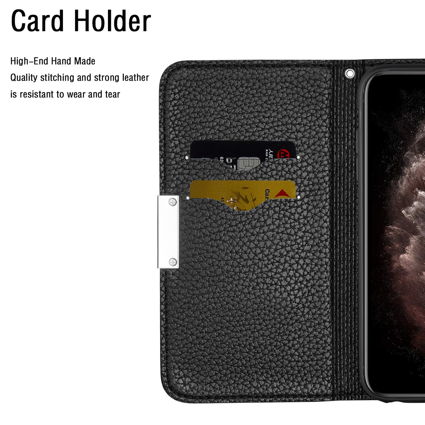 Metal Buckle Auto-absorbed Leather Case Litchi Texture Phone Shell with Card Holder for iPhone 13 Pro 6.1 inch
