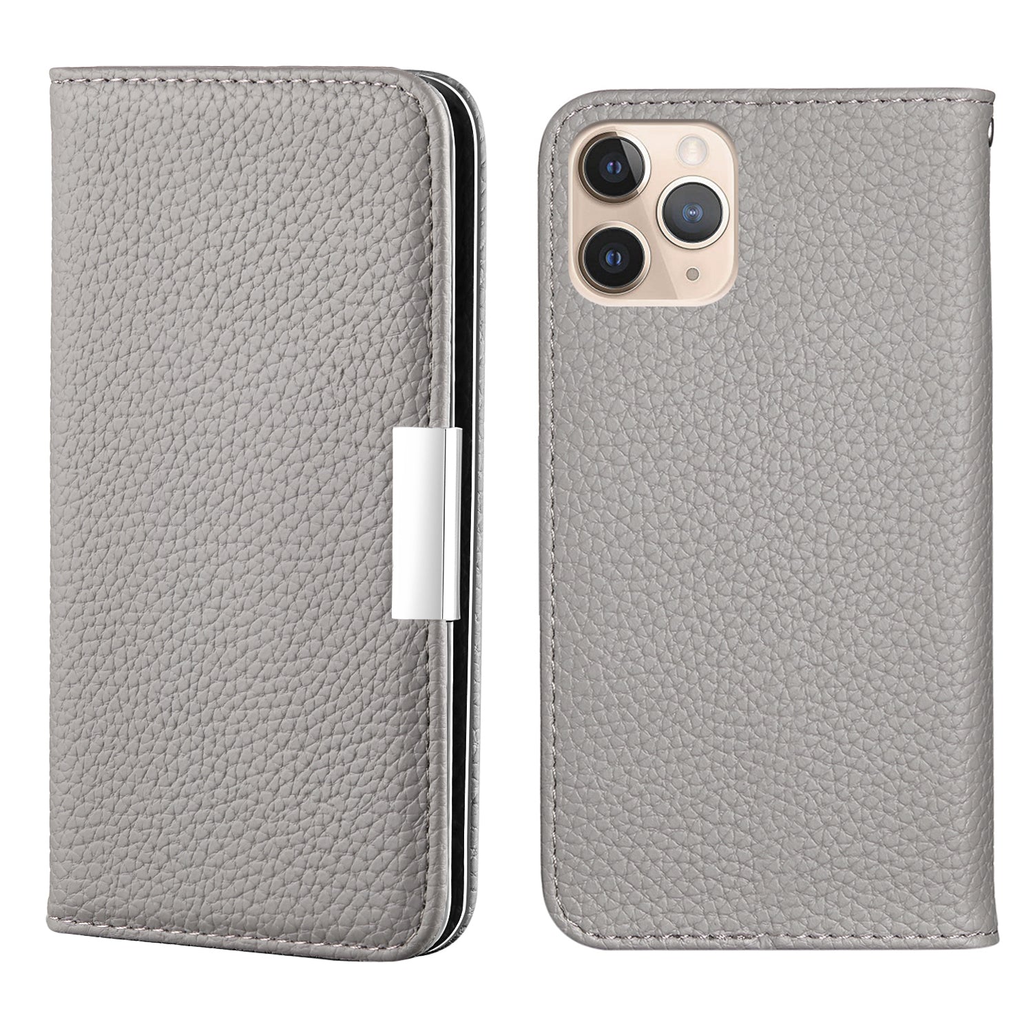 Metal Buckle Auto-absorbed Leather Case Litchi Texture Phone Shell with Card Holder for iPhone 13 Pro 6.1 inch