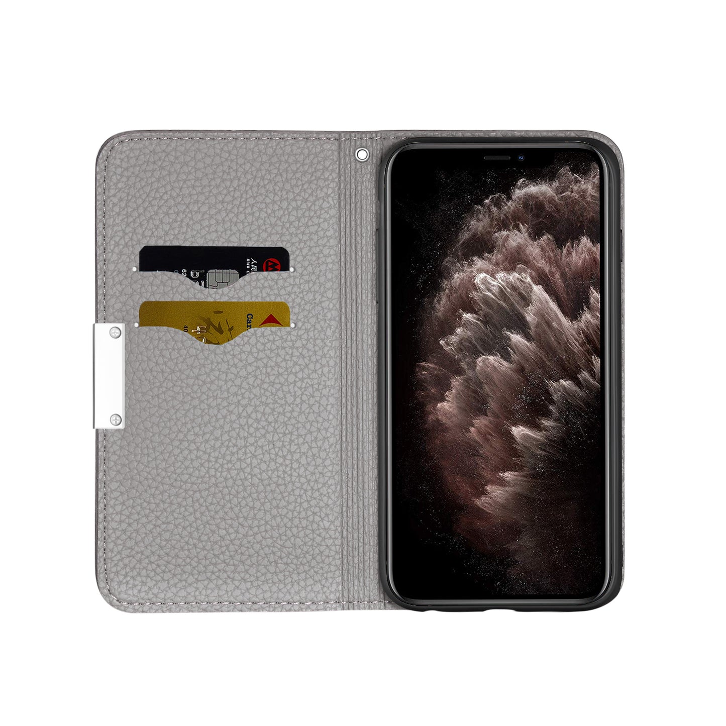 Metal Buckle Auto-absorbed Leather Case Litchi Texture Phone Shell with Card Holder for iPhone 13 Pro 6.1 inch