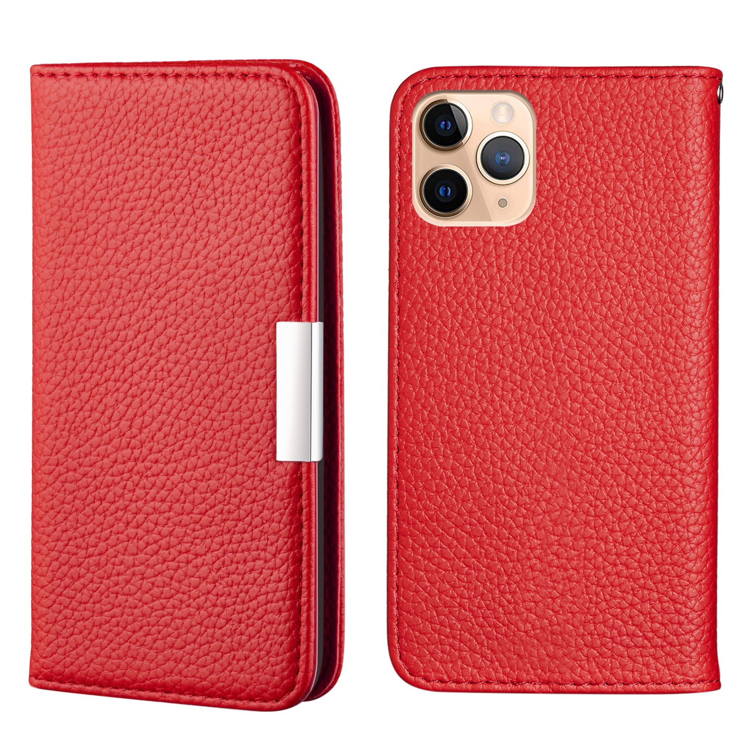 Metal Buckle Auto-absorbed Leather Case Litchi Texture Phone Shell with Card Holder for iPhone 13 Pro 6.1 inch