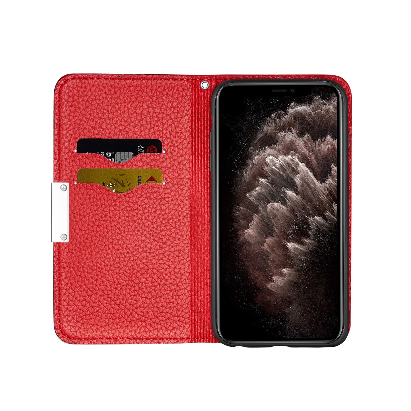Metal Buckle Auto-absorbed Leather Case Litchi Texture Phone Shell with Card Holder for iPhone 13 Pro 6.1 inch