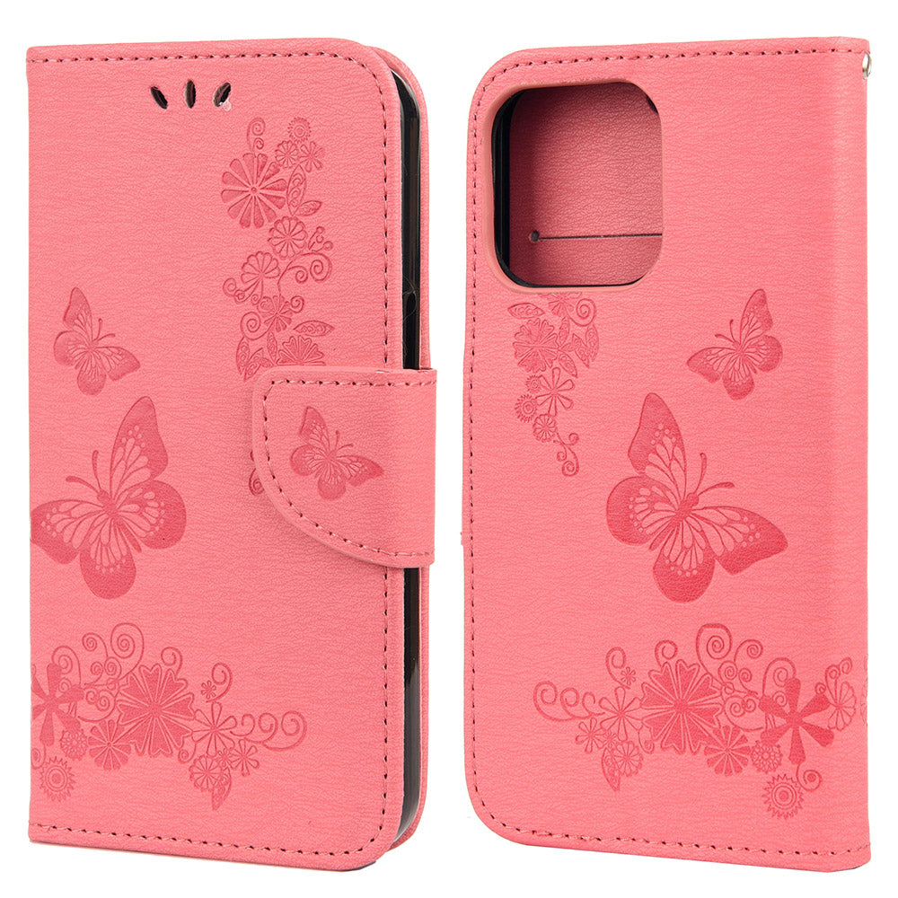 Wallet Leather Case Imprint Butterfly Flower Phone Case with Stand for iPhone 13 Pro 6.1 inch