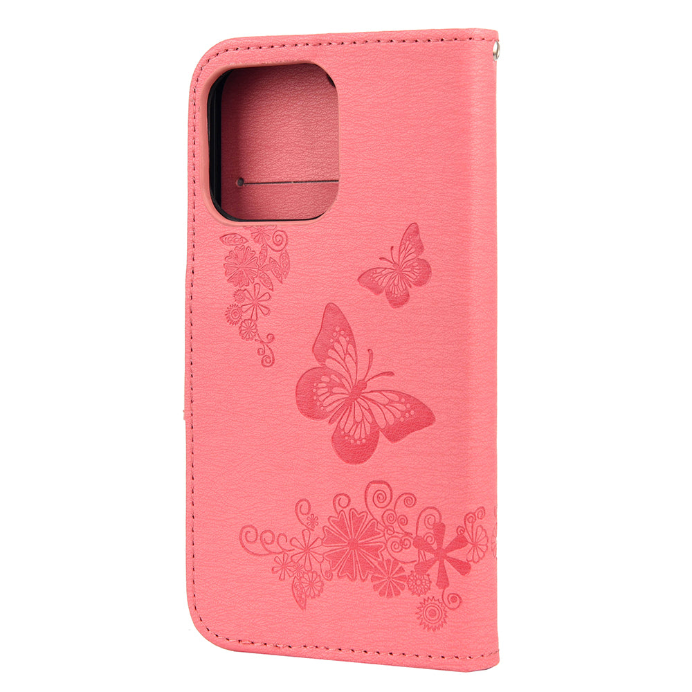 Wallet Leather Case Imprint Butterfly Flower Phone Case with Stand for iPhone 13 Pro 6.1 inch