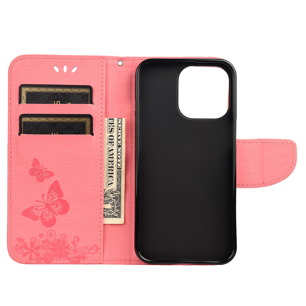 Wallet Leather Case Imprint Butterfly Flower Phone Case with Stand for iPhone 13 Pro 6.1 inch