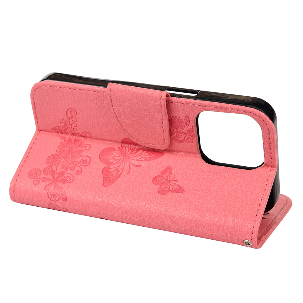 Wallet Leather Case Imprint Butterfly Flower Phone Case with Stand for iPhone 13 Pro 6.1 inch