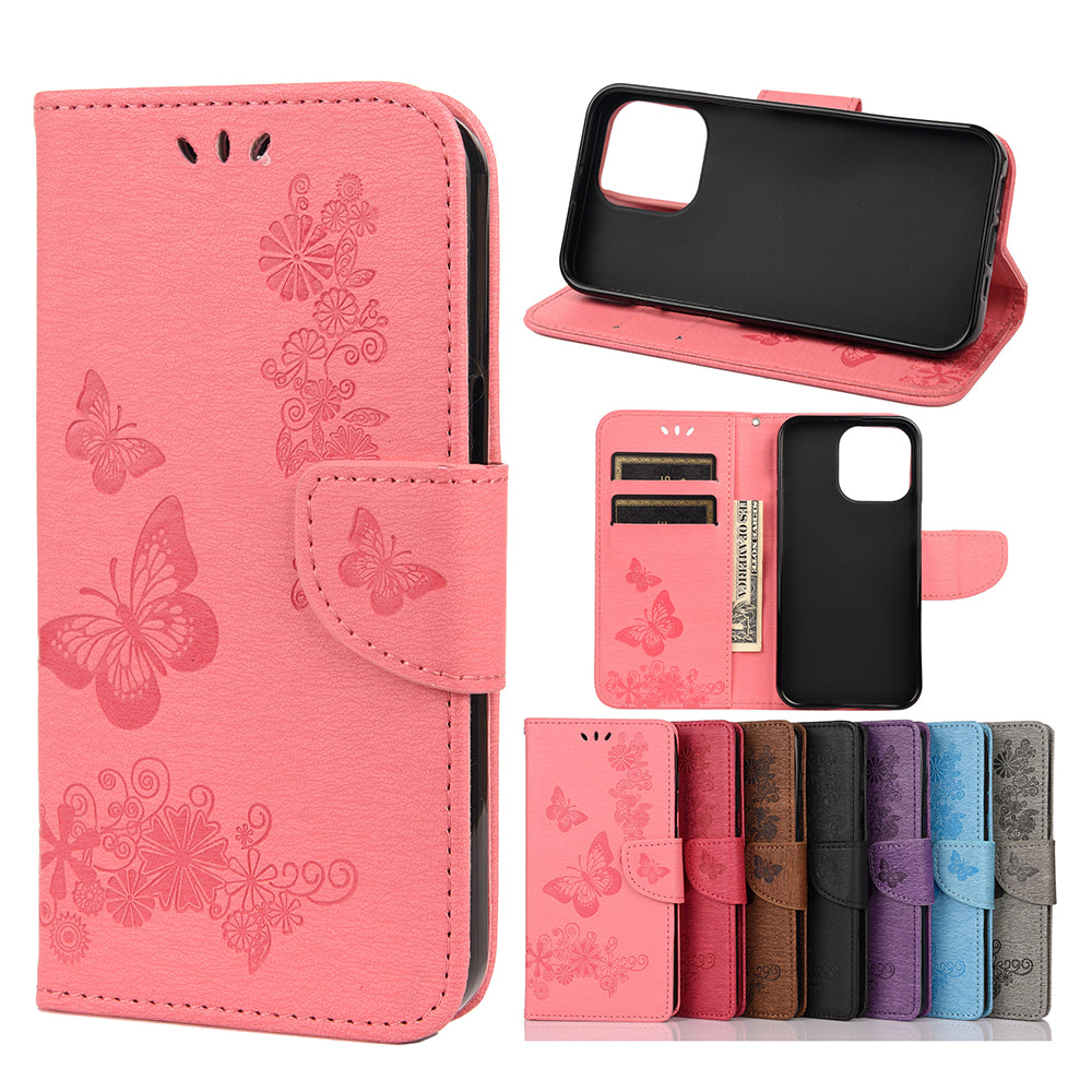 Wallet Leather Case Imprint Butterfly Flower Phone Case with Stand for iPhone 13 Pro 6.1 inch