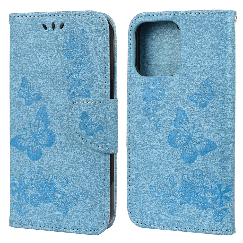 Wallet Leather Case Imprint Butterfly Flower Phone Case with Stand for iPhone 13 Pro 6.1 inch