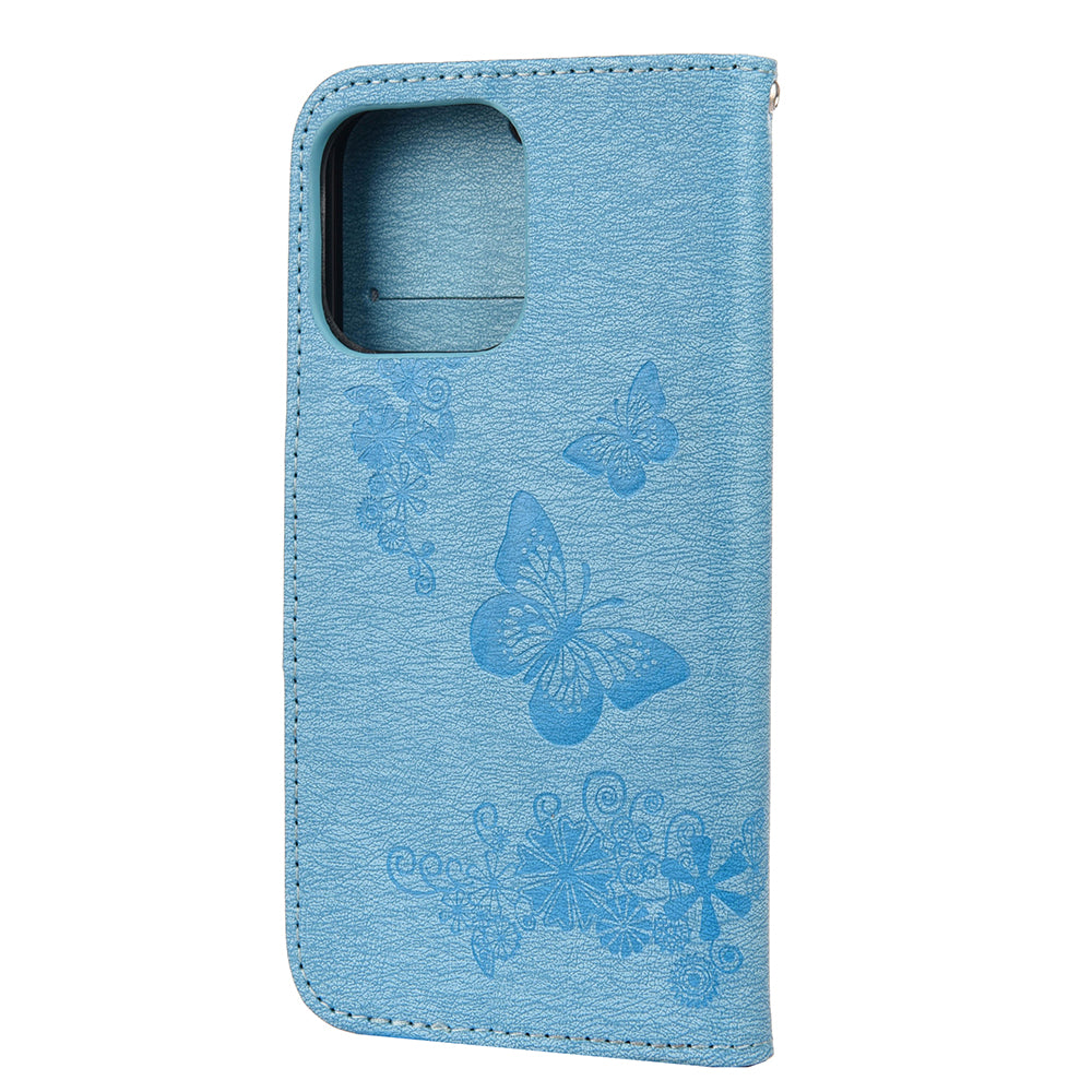 Wallet Leather Case Imprint Butterfly Flower Phone Case with Stand for iPhone 13 Pro 6.1 inch