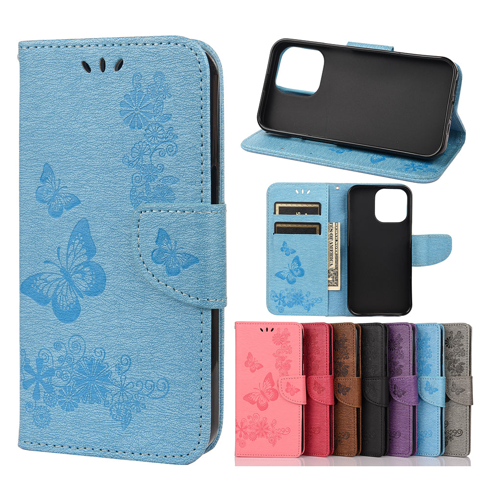 Wallet Leather Case Imprint Butterfly Flower Phone Case with Stand for iPhone 13 Pro 6.1 inch