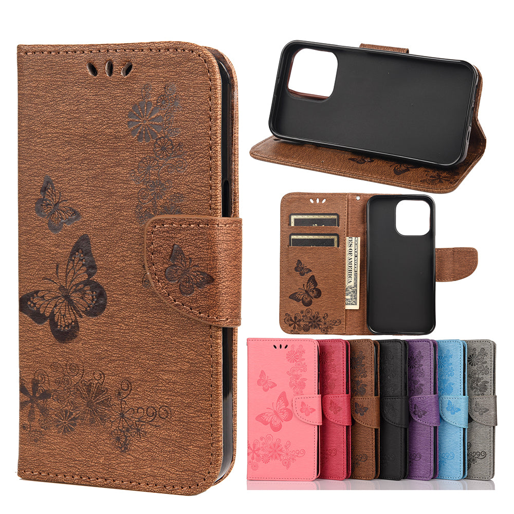 Wallet Leather Case Imprint Butterfly Flower Phone Case with Stand for iPhone 13 Pro 6.1 inch