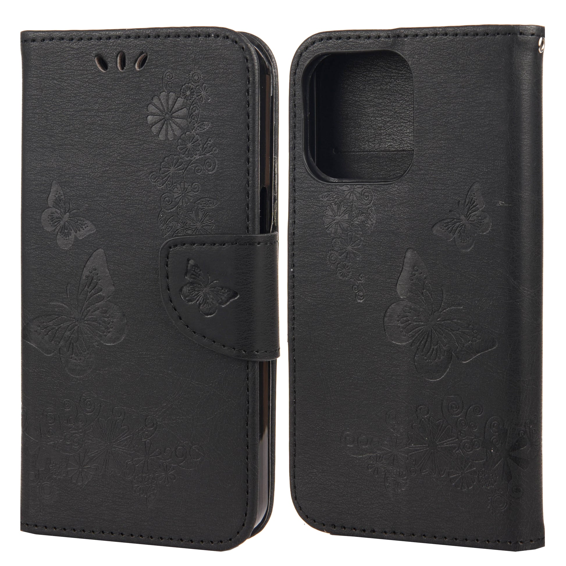 Wallet Leather Case Imprint Butterfly Flower Phone Case with Stand for iPhone 13 Pro 6.1 inch