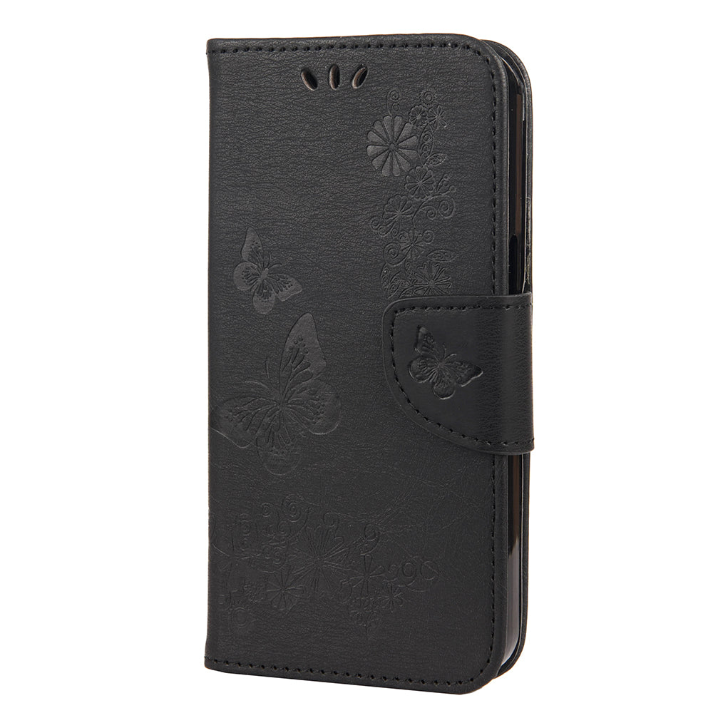 Wallet Leather Case Imprint Butterfly Flower Phone Case with Stand for iPhone 13 Pro 6.1 inch