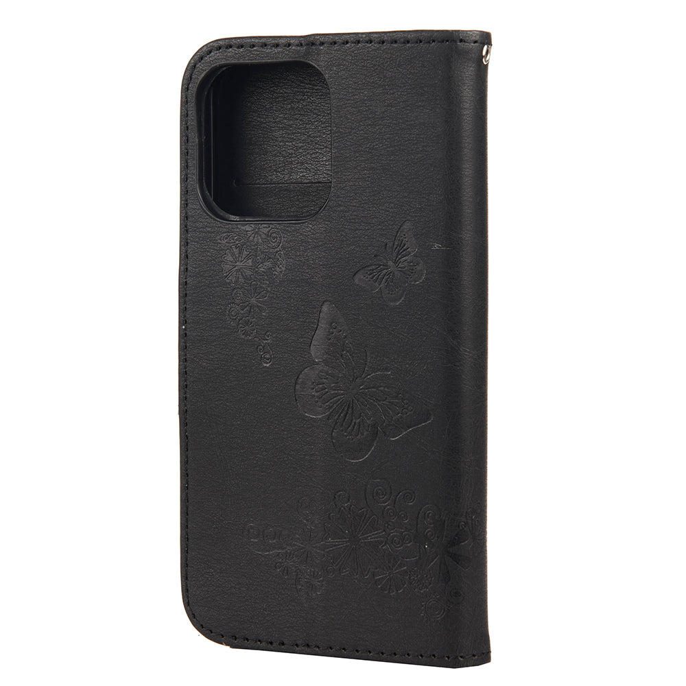 Wallet Leather Case Imprint Butterfly Flower Phone Case with Stand for iPhone 13 Pro 6.1 inch