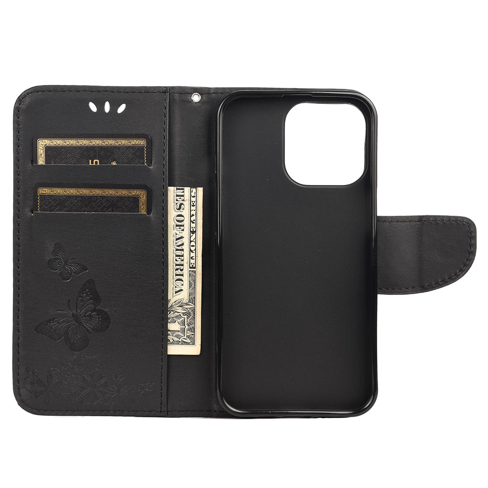 Wallet Leather Case Imprint Butterfly Flower Phone Case with Stand for iPhone 13 Pro 6.1 inch