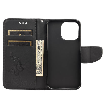 Wallet Leather Case Imprint Butterfly Flower Phone Case with Stand for iPhone 13 Pro 6.1 inch