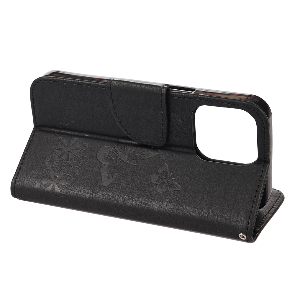 Wallet Leather Case Imprint Butterfly Flower Phone Case with Stand for iPhone 13 Pro 6.1 inch