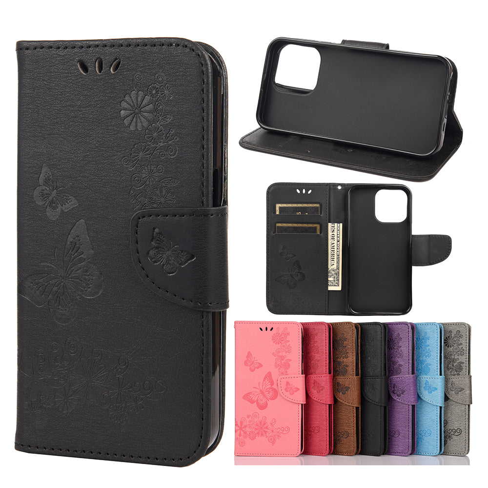 Wallet Leather Case Imprint Butterfly Flower Phone Case with Stand for iPhone 13 Pro 6.1 inch