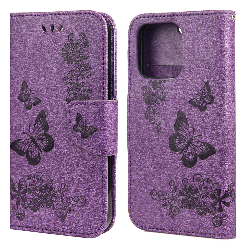 Wallet Leather Case Imprint Butterfly Flower Phone Case with Stand for iPhone 13 Pro 6.1 inch