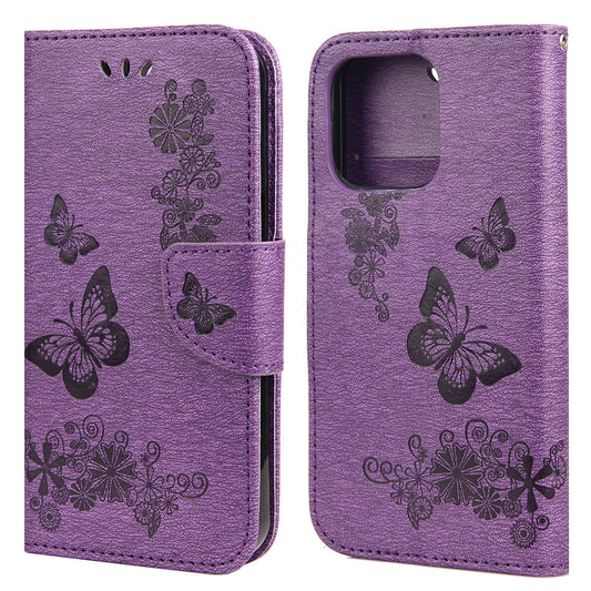 Wallet Leather Case Imprint Butterfly Flower Phone Case with Stand for iPhone 13 Pro 6.1 inch