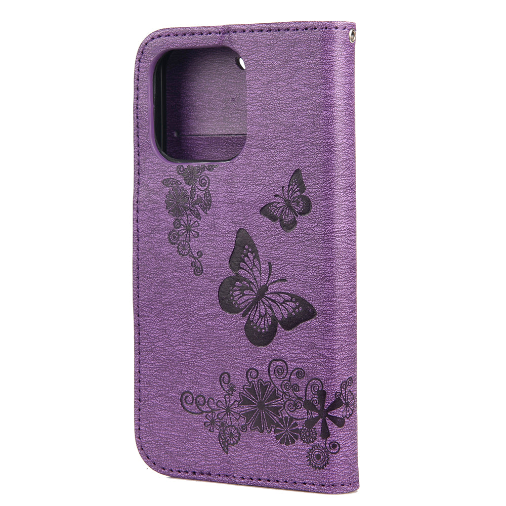 Wallet Leather Case Imprint Butterfly Flower Phone Case with Stand for iPhone 13 Pro 6.1 inch