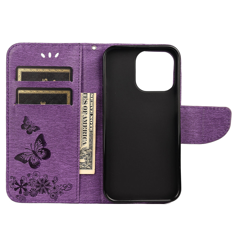 Wallet Leather Case Imprint Butterfly Flower Phone Case with Stand for iPhone 13 Pro 6.1 inch