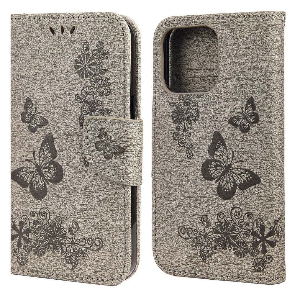 Wallet Leather Case Imprint Butterfly Flower Phone Case with Stand for iPhone 13 Pro 6.1 inch