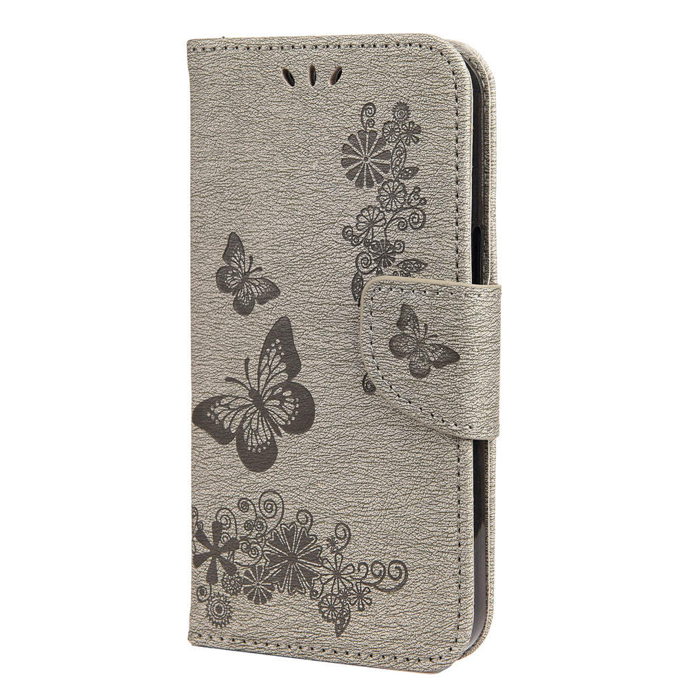 Wallet Leather Case Imprint Butterfly Flower Phone Case with Stand for iPhone 13 Pro 6.1 inch