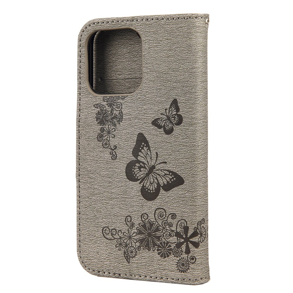 Wallet Leather Case Imprint Butterfly Flower Phone Case with Stand for iPhone 13 Pro 6.1 inch