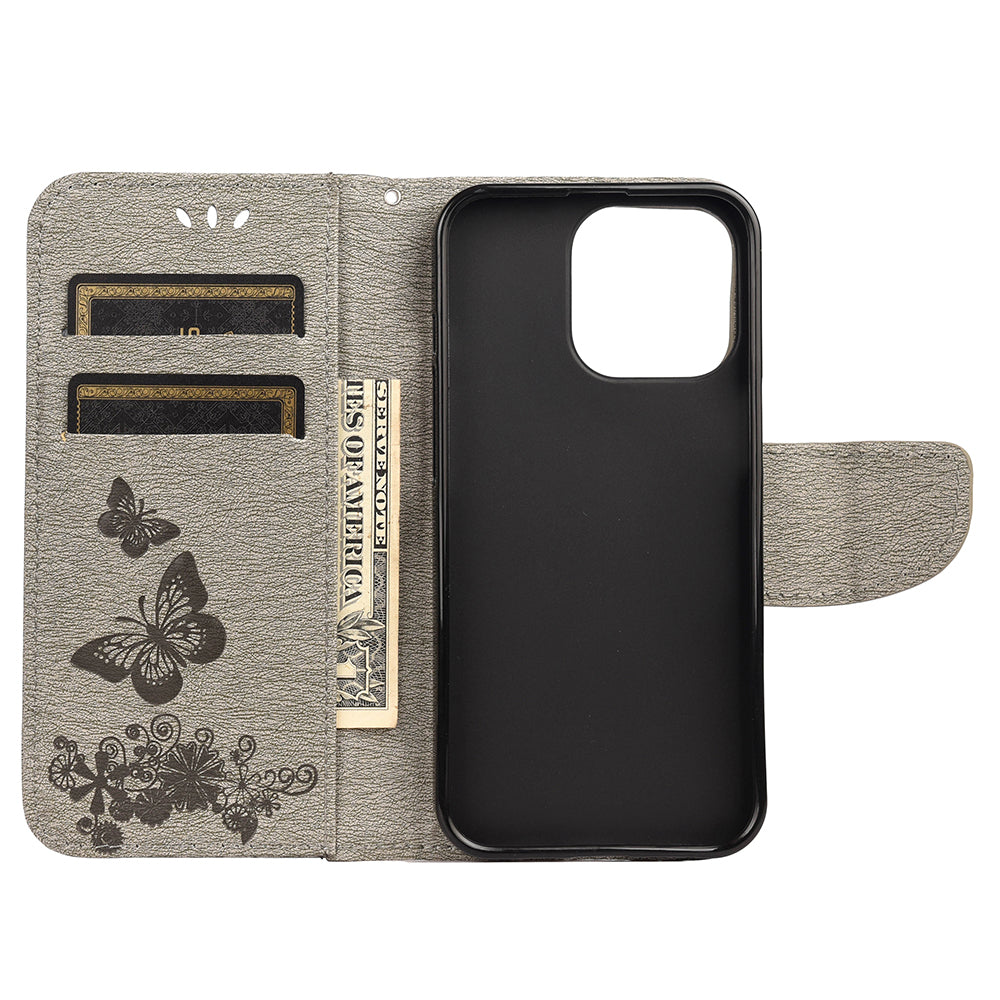 Wallet Leather Case Imprint Butterfly Flower Phone Case with Stand for iPhone 13 Pro 6.1 inch