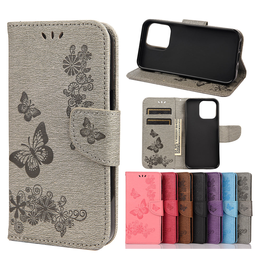 Wallet Leather Case Imprint Butterfly Flower Phone Case with Stand for iPhone 13 Pro 6.1 inch