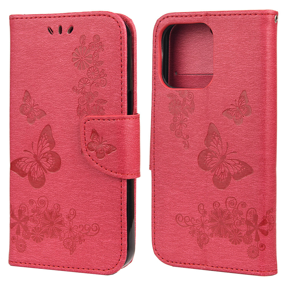 Wallet Leather Case Imprint Butterfly Flower Phone Case with Stand for iPhone 13 Pro 6.1 inch