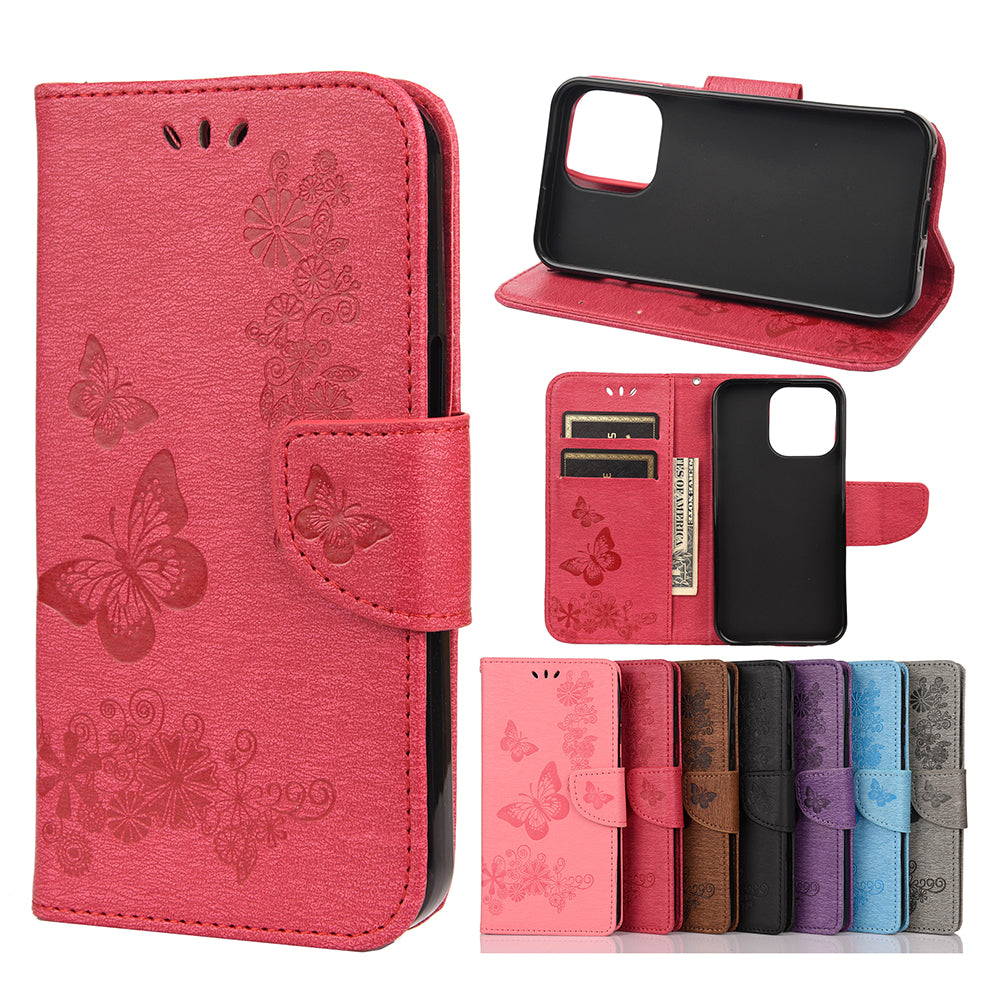 Wallet Leather Case Imprint Butterfly Flower Phone Case with Stand for iPhone 13 Pro 6.1 inch
